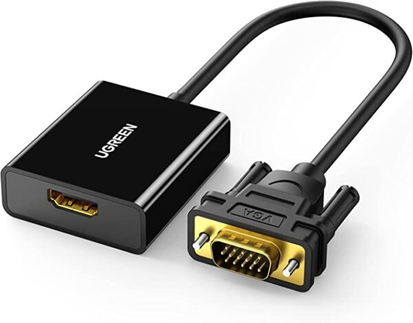 محول HDMI / في جي ايه من يوجرين جاك صوت 3.5 ملم طرف HDMI انثى وطرف في جي ايه ذكر، متوافق مع عصي التلفزيون، ورازبري بي اي، واللاب توب تابلت، والكاميرا الرقمية وغيرها تمتع بصوت عالي الجودة وصورة واضحة مع محول HDMI/في جي ايه من يوجرين، متوافق مع العديد من الأجهزة الإلكترونية.